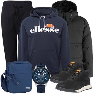 Outfit mit Schwarz/Blau Schultertasche Lacoste "Freizeit"