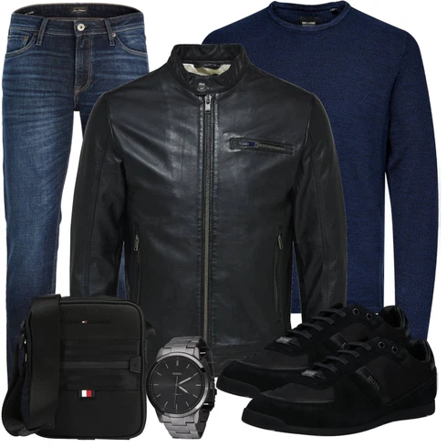 Schwarz Sneaker/Leder Sneaker Boss kombinieren mit Schwarz Lederjacke SELECTED HOMME