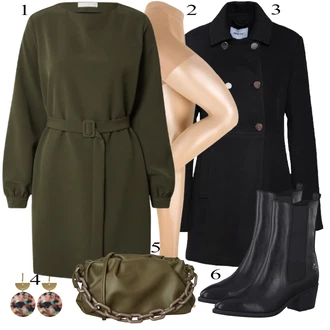 Výstřih na ramena Outfit s Tmavě zelená/Khaki Košilové šaty/Šaty s Páskem/Zimní Šaty/Halenkové Šaty/Šaty na safari guido maria kretschmer women "Elegantní vzhled"