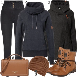 Outfity na zimu s Černá/Tmavě šedá Slim Fit Džíny/Kožené Boty/Kotníková Bota/Džíny s Rozparkem/High Waist Džínové Kalhoty/Termální Džíny/Dámské Džíny s Délkou 7/8/Kožená bunda/Zimní bunda/Motorkářské Džíny/Push up Džín Lascana "Zimní outfity"