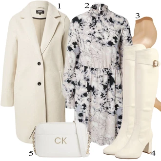 Outfit s Béžová Klasická kozačka/Kozačka po Kolena/Plochá Kotníková Bota/Sportovní Bota/Zimní bota/Kozačka nad Kolena/Kožená Kozačka nad Koleno About You "Ulice Styl Outfit"