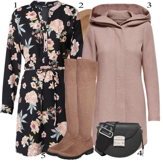 Zapínání na knoflíky Outfit s Růžová/Oranžová/Fialová/Červená/Hnědá Košilové šaty/Šaty S Potiskem/Zavinovací Šaty/Šaty na Podzim/Pouzdrové Šaty S Dlouhým Rukávem/Halenkové Šaty/Šaty s Páskem/Tunikové šaty Only "Módní zimní outfit"