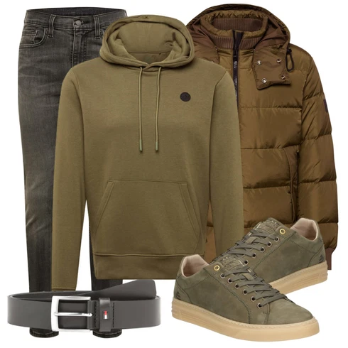 Rot/Grün Winterjacke Boss kombinieren mit Grau Gürtel Tommy Hilfiger