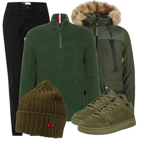 Schwarz Strickjacke Tommy Hilfiger kombinieren mit Grün Sneaker/Leder Sneaker Karl Kani