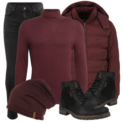 Rot Strickjacke BURTON MENSWEAR LONDON kombinieren mit Schwarz Hose Nudie Jeans Co