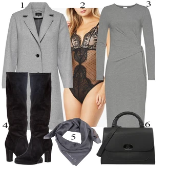 Outfit s Šedá/Světle šedá/Tmavě šedá Svetrové Šaty/Zimní Pletené Šaty/Zimní šaty s dlouhým rukávem/Žerzejové Šaty/Šaty s Předním Zipem/Pouzdrová Šat/Šaty s dlouhým rukávem/Zavinovací Šaty/Dlouhé pletené šaty/Úzké Šaty/Asymetrické Šaty Lascana "Business vzhled"