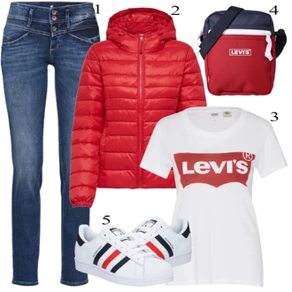 Italský Maxi Outfit s Modrá/Tmavě modrá Slim Fit Džíny/Rovná Džína/Džíny s Rozparkem/Džíny Regular Fit/Zimní bunda/Džíny s Dírou/Kožená bunda/Kotníková Bota/Džíny s Nízkým Sedem/Girlfriend Džíny/Zužující se Džíny/Kožené Boty Tom Tailor "Ulice Styl Outfit"Look: Ležérní, Cool, Egirl, Francouzské, Italský, Moderní, Chytrý příležitostný