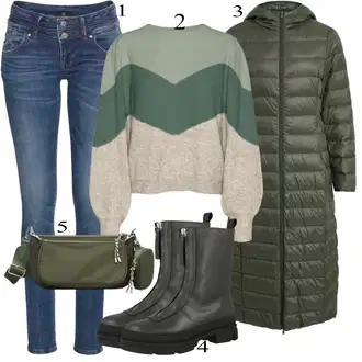 Nadrozměrné Dlouhé Outfit s Tmavě zelená Dlouhý kabát/Dlouhý Péřový Kabát/Dlouhý Zimní Kabát/Midi Kabát/Péřový Kabát/Prošívaný kabát Vila "Ulice Styl Outfit"Look: Lehký, Mom, Armáda, Venkovní, Příliš oblečený, Nadrozměrné