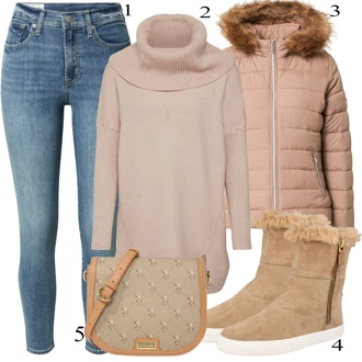 Outfit s Béžová/Šedá Šaty s dlouhým rukávem/Frock Kabát/Šaty s výstřihem/Vintage sukně maxi/Svetr Niki/Svetrové Šaty/Dlouhá tylová sukně/Dlouhé Šaty/Dlouhý Zimní Kabát/Dlouhý Svetr About You "Ulice Styl Outfit"