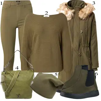 Outfit s Tmavě zelená Pokrývka hlavy/Armádní Čepice/Bandana ABOUT YOU x INNA "Zimní outfity"