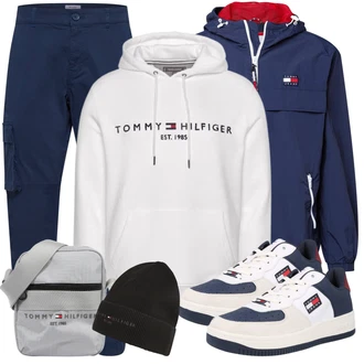 Outfit mit Grau/Weiß/Silber/Creme Sweatmode/Unisex Hoodie/Hoodie/Damen Pullover/Partner Hoodie/Ausgefallener Hoodie/Sport Hoodie/Vintage Hoodie/Sweatshirt Tommy Hilfiger "Alltags Outfit"