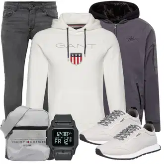Outfit mit DunkelGrau/HellGrau/Grau Low Waist Jean/Winterjacke/Push up Jeans/Thermojeans/Jeans mit Schlitz/Low Rise Jean/Slim Fit Jeans/Leder Schuhe/Lederjacke Only & Sons "Alltags Outfit"