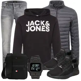 Outfit mit Grau/Hellgrau/Dunkelgrau Biker Jeans/Slim Fit Jeans/Lederjacke/Low Rise Jean/Leder Schuhe/Herren Lederjacke/Jeans mit Schlitz/Low Waist Jean/Winterjacke Jack & Jones "Alltags Outfit"
