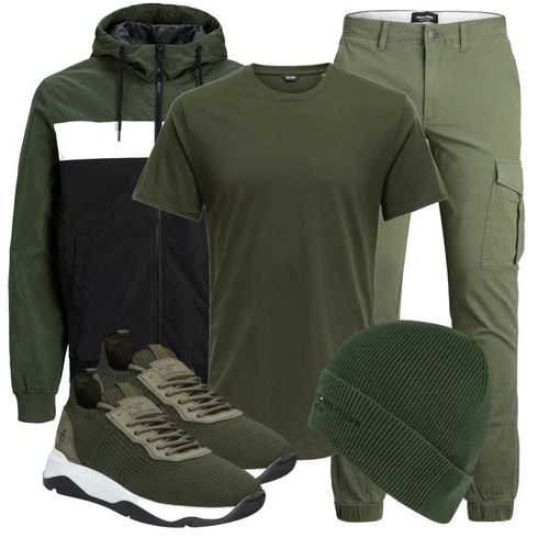 Camouflage Dunkelgrün/Grün Windbreaker Jacke/LaufJacke/KapuzenJacke Jack & Jones kombinieren