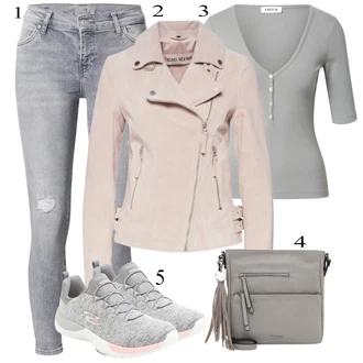 Glamourové Outfit s Šedá/Světle šedá Džíny s Rozparkem/Dámské Džíny s Délkou 7/8/Push up Džín/Kotníková Bota/Capri Džíny/Zkrácené Džíny/Kožená bunda/Kožené bundy/Džíny s Dírou LTB "Ulice Styl Outfit"Look: Styl, Glamourové