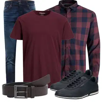 Outfit mit DunkelBlau/Blau/HellBlau Slim Fit Jeans/Lederjacke/Leder Schuhe/Winterjacke/Low Rise Jean/Herren Lederjacke/Low Waist Jean/Push up Jeans/Biker Jeans/Thermojeans/Regular-Fit Jeans Jack & Jones "Alltagsoutfit"