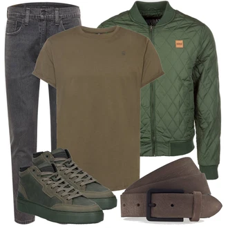 Outfit mit Dunkelgrün/Khaki Longshirt/Funktions T-Shirt/Kurzarm T-Shirt/Übergroßes T-Shirt/Langes Oberteil/Laufschuhe für Männer/Shirt/Casual T-Shirt/Sport-T-Shirt G-Star Raw "Alltagsoutfit"
