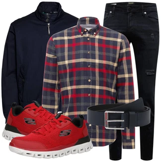 Outfit mit Dunkelgrün/Rot/Hellblau/Beige Flanellhemd/Kariertes Hemd/Bluse Große Größe Kronstadt "Cool für die Freizeit"