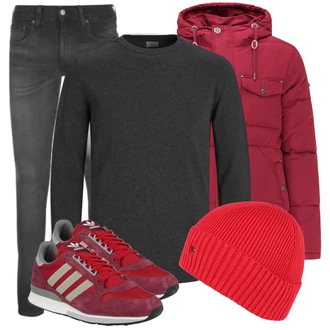 Outfit mit Dunkelgrau/Grau Feinstrickpullover/Wollpullover/Basic Pullover/Einfacher Pullover/Kaschmir Pullover/Rundhals Pullover/Thermo Pullover/Stillpullover/Kaschmir Pullover/Pullover mit Stehkragen/Damen Pullover/Sweatshirt Jack & Jones "Cooles Alltagsoutfit"