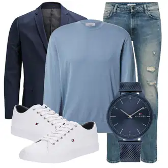 Outfit mit Weiß/Creme Schmaler Sneaker/Canvas-Sneaker/Sneaker Low/Sommer Sneaker/Leder Sneaker/Schnürschuh Tommy Hilfiger "Cooles Alltagsoutfit"