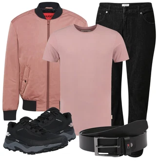 Outfit mit Schwarz/Dunkelgrau/Rot/Grau Tapered-Jeans/ThermoJeans/Winterjacke/T-Shirt/BundfaltenJeans/Slim Fit Jeans/Damen 7/8-Länge Jeans/Regular-Fit Jeans DAN FOX APPAREL "Cooles Alltagsoutfit"