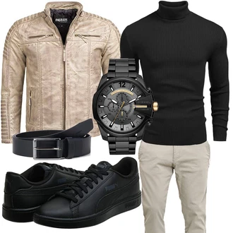 Stil, Western Outfit mit Beige/Khaki/Braun Jacke mit Seitlichem Reißverschluss/Bikerjacke/Motorradjacke/Vintage Lederjacke/KunstLederjacke PAULGOS "Cooles Outfit"Look: Old Money, Western, Metal, Empire, Workwear, Outdoor, 80er