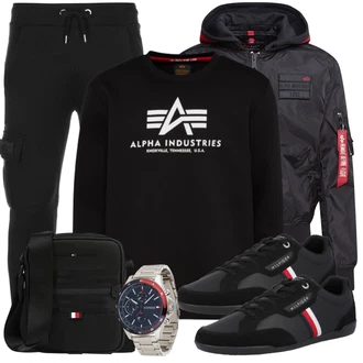 Outfit mit Schwarz Cargo-Jogginghose/Slim Hose/Cargohose/Stretchhose/Zip Off Hose/Funktionshose/Motorradhose/Löcherne Hose Alpha Industries "Cooles Outfit"
