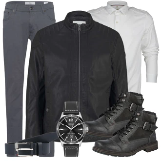 Winter Outfit mit Schwarz/Dunkelgrau/Grau Biker Boot/Springerstiefel/Schnürstiefelette/Motorradstiefel/Sneaker Mit Seitlichem Reißverschluss/Stiefel Mit Reißverschluss Mustang "Cooles Outfit"