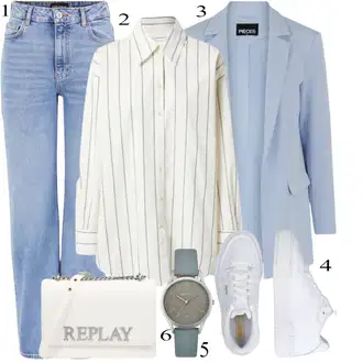 Outfit sa Svjetloplava/Plava Traperice Široke Nogavice/Mom Jean/High Waist Traperice/Traperice Opuštenog Kroja/Trapez Traperice/Formalna Košulja/Traperice s Prorezom/Muška majica/Dad Traperice/Vintage traperice Pieces "Cool za slobodno vrijeme"