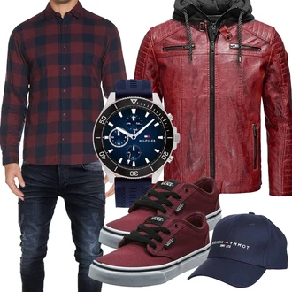 Motorrad Outfit mit Rot/Dunkelrot Bikerjacke/Kapuzenjacke/Wachsjacke/Motorradjacke/Jacke mit Seitlichem Reißverschluss/Vintage Lederjacke/Kunstlederjacke Redbridge "Freizeit Outfit"Look: Motorrad