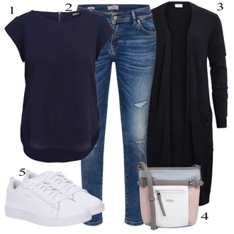 Nadrozměrné Zapínání na knoflíky Outfit s Tmavě modrá Pletenina veľkej veľkosti/Šaty Móda Pro Plnoštíhlou Vila "Ulice Styl Outfit"Look: Kancelář, Old Money, Příliš oblečený, Nadrozměrné, Univerzitní