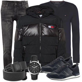 Outfit mit Grau/Hellgrau/Dunkelgrau Lederjacke/Slim Fit Jeans/Low Rise Jean/Low Waist Jean/Leder Schuhe/Biker Jeans/Jeans mit Schlitz/Winterjacke/Knöchelstiefel/Push up Jeans/Damen 7/8-Länge Jeans/Cropped Jeans Jack & Jones "Freizeit Outfit"