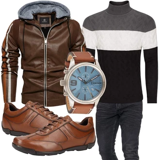 Motorrad Outfit mit Braun/Khaki/Dunkelbraun Motorradjacke/Vintage Lederjacke/Winterjacke/Außergewöhnliche Jacke/Herbstjacke/Kunstlederjacke/Jacke mit Seitlichem Reißverschluss/Kapuzenjacke MEYOCEYO "Freizeit Outfit"Look: Freizeit, Reiten, Motorrad