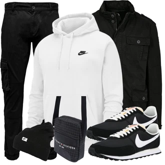 Outfit mit Schwarz/Khaki Cargohose/Cargo-Jogginghose/Funktionshose/Motorradhose Only & Sons "Freizeit Outfit"