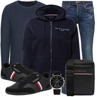 Outfit mit Blau/Hellblau/Dunkelblau Slim Fit Jeans/Herren Lederjacke/Tapered-Jeans/Biker Jeans/Winterjacke/Lederjacke/Leder Schuhe/Low Rise Jean/ThermoJeans/Jeans mit Schlitz/Low Waist Jean/Vintage Jeans Only & Sons "Freizeit Outfit"