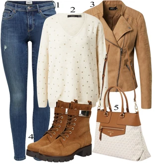 Outfit s Krémová/Béžová/Khaki/Hnědá/Bílá Basic Svetr/Třpytivý Svetr/Svetr na kojení/Svetr s V-výstřihem/Jednoduchý Svetr/Potisknout Svetr VERO MODA "Ulice Styl Outfit"