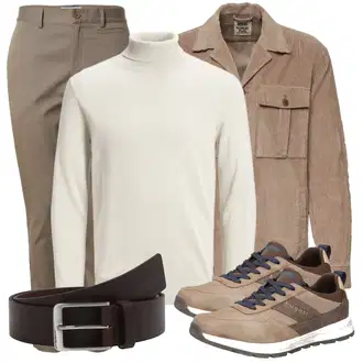 Outfit mit Beige/Braun Strickjacke Tracht/Kaschmir-Strickjacke/Baumwoll Strickjacke/Strickjacke Gefüttert/Stehkragen-Strickjacke/Vintage Strickjacke/Wolle Strickjacke/Cordjacke/Flanellhemd/Casual Hemd/Hemdbluse/Musselin Hemd/Jeanshemd/Business Hemd Drykorn "Praktischer Look"