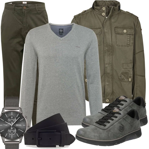 Dunkelgrün/Grün/Khaki Mantel Parka große Größe Brandit kombinieren mit Grau Accessoire Uhr boss black, Accessoire Gürtel Mustang