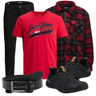 Outfit mit Schwarz/Dunkelblau Hose Große Größe/Slim Fit Jeans/Lederjacke/Leder Schuhe/ThermoJeans/SweatJeans/Winterjacke/Low Rise Jean/Knöchelstiefel Jack & Jones "Praktischer Look"