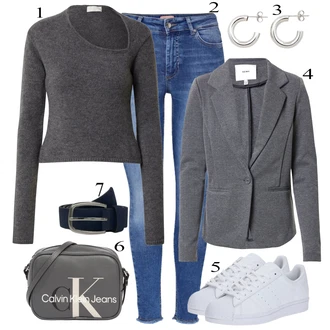 Superstar Outfit s Bílá/Světle modrá/Šedá/Krémová Úzká Teniska/Nízká Teniska/Kožené Tenisky/Skate Bota Adidas Originals "Cool outfity na volný čas"