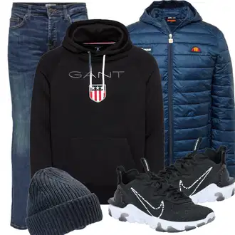 Outfit mit Blau/HellBlau/DunkelBlau Slim Fit Jeans/Herren Lederjacke/Tapered-Jeans/Biker Jeans/Winterjacke/Lederjacke/Leder Schuhe/Low Rise Jean/Thermojeans/Jeans mit Schlitz/Low Waist Jean/Vintage Jeans Only & Sons "Sportliches Outfit"