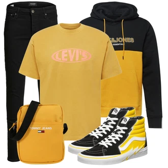 Outfit mit Schwarz/Dunkelblau Hose Große Größe/Slim Fit Jeans/Lederjacke/Leder Schuhe/ThermoJeans/SweatJeans/Winterjacke/Low Rise Jean/Knöchelstiefel Jack & Jones "Street Style Outfit"