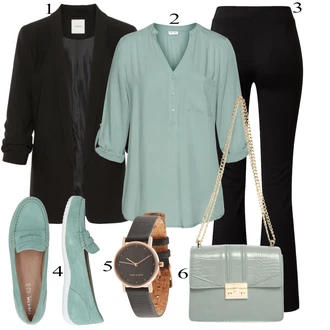 Elegantní Outfit s Tyrkysový/Zelená/Světle modrá/Světle zelená Blůza s knoflíčkem/Dlouhá Halenka/Halenka S 3/4 Rukávem/Slip-on Halenka/Kožená bunda/Halenkový Top/Tunikové Tričko/Jednobarevná Halenka/Klasická tunika Lascana "Business vzhled"Look: Styl, Elegantní, Mom, Old Money, Bezešvé, Chytrý příležitostný, Univerzitní