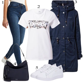 Outfit s Bílá/Modrá Kožená bunda/Svetrová Vest Dlouhý svetr/Midi Kabát VERO MODA "Ulice Styl Outfit"