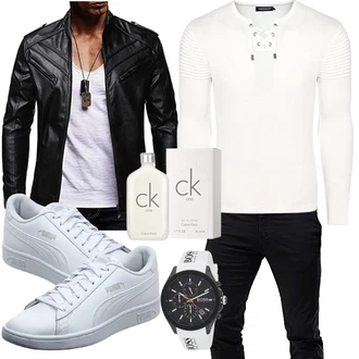 Stil Motorrad Outfit mit Schwarz Vintage Lederjacke/Jacke mit Seitlichem Reißverschluss/Motorradjacke/Bikerjacke/KunstLederjacke Celucke "Alltags Outfit"Look: Stil, Classic, Rad, Outdoor, Goa, Casual, Oversize, Vintage, Wetlook, Coole, Rockabilly, Moderne, Schön, Rockige, 80er, Motorrad, Reiten