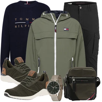 Outfit mit Schwarz/Khaki/Dunkelgrau Cargohose/Funktionshose/Zip Off Hose/Cargo-Jogginghose/Trekkinghose/Winterhose Jack & Jones "Alltags Outfit"