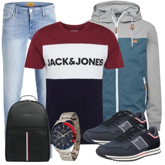 Outfit mit Hellblau/Blau Damen 7/8-Länge Jeans/Knöchelstiefel/Biker Jeans/Caprijeans/Cropped Jeans/Low Rise Jean/Low Waist Jean/Push up Jeans/Lederjacke/Slim Fit Jeans/Schlupfjeans/Leder Schuhe/Herren Lederjacke/Winterjacke Jack & Jones "Alltags Outfit"
