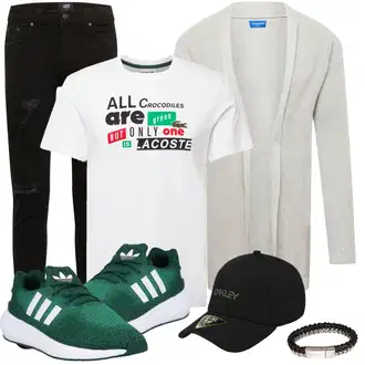 Outfit mit Schwarz/Khaki/Dunkelgrün Biker Jeans/Jeans mit Loch/Jeans mit Schlitz/Lederjacken/Lederjacke denim project "Alltags Outfit"