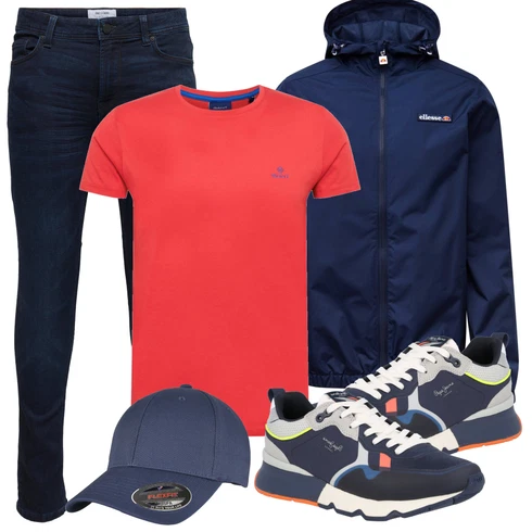 Dunkelblau Regenjacke/Laufjacke/Segeljacke/Nylonjacke/Ripstopjacke/Funktionsjacke/Windbreaker Jacke/Verstaubare Jacke/Leichte Jacke Ellesse kombinieren mit Blau Hut Flexfit