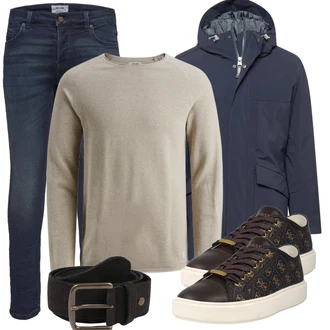 Outfit mit Beige/Khaki/Weiß Rollkragenshirt/Langarm-Shirt/Strick Top/Klassische Länge Jack & Jones "Alltags Outfit"